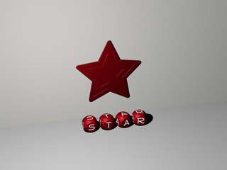STAR 3D icon on the wall and text of cubic alphabets on the floor - 3D illustration for background and abstract
