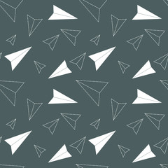 Vector flat line seamless pattern, paper airplanes, school or travel concept