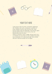 Vector illustration with school knapsack, books, pencils, eyeglasses, alarm clock and place for text. Template for banner, article, card, flyer, promotion post in social media or mailing, poster. 