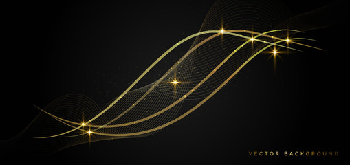 Abstract golden wave on dark background with light effect. Luxury concept.