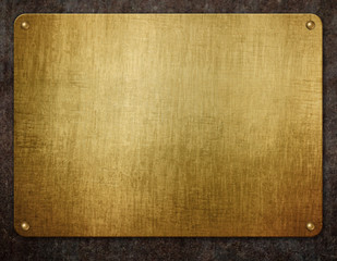 Fototapeta premium Golden metal plate with rivets on grunge background. 3d illustration 