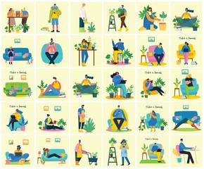 Fototapeta premium Take a break collage illustration. People have rest and drink coffee, use tablet on chair and sofa. Flat vector style.