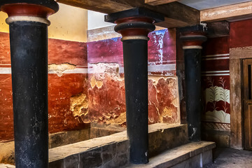 Little Throne Room in Minoan palace at Knossos on Greek Mediterranean Island of Crete partially...