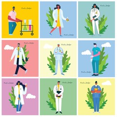 Find a doctor. Team doctors backgrounds. Vector illustration in flat style