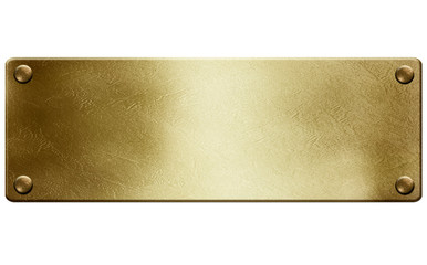 Gold metal plate with rivets on white background 3D illustration