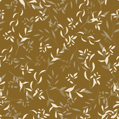 Seamless khaki graphic texture on light background. Summer beach or jungle art print. Banana tropical pattern with hand drawing green exotic foliage and hawaii flowers in abstract style.