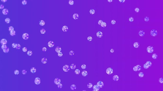 Flying many clear crystal spheres on purple background. Shine transparent, Colorful glass. 3D animation of shiny ball rotating. Loop animation.