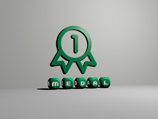 medal 3D icon on the wall and text of cubic alphabets on the floor - 3D illustration for award and gold