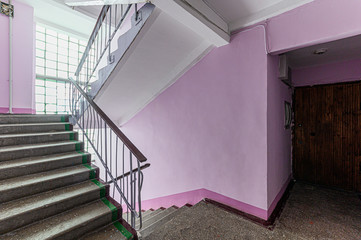 Russia, Moscow- February 10, 2020: interior public place, house entrance. doors, walls, staircase corridors