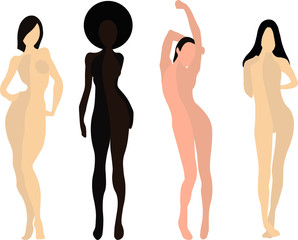 vector eps illustration set of 4 naked women with different colors of skin posing. beautiful female mannequin on white background. 