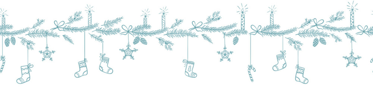 Lovely hand dawn seamless christmas garland with branches and stocking, great for banners, wallpapers, cards textiles - vector design