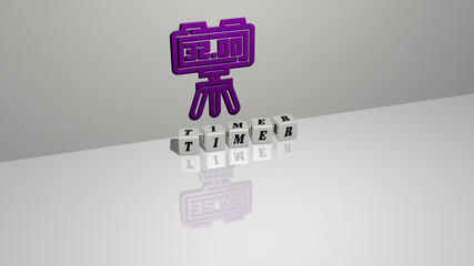 Naklejka premium TIMER text of cubic dice letters on the floor and 3D icon on the wall - 3D illustration for clock and background