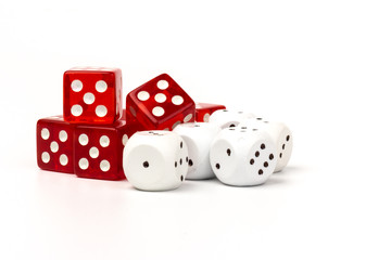 White and red glass dices isolated on white background.
