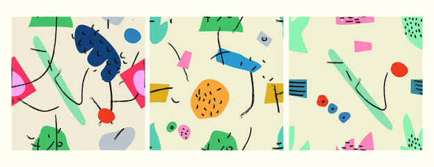 Vector set. Seamless patterns. Hand drawn various shapes and doodle objects. Abstract contemporary modern trendy vector illustration. 