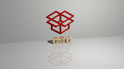 BOX text of cubic dice letters on the floor and 3D icon on the wall - 3D illustration for background and gift