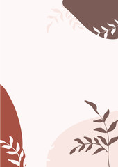 Fototapeta premium Contemporary background. Graphic decoration card, floral backdrop with abstract shapes and botanical elements, leaves. Cartoon simple line art invitation cards, hand drawing vector banner template