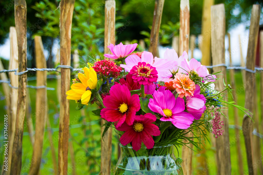 Wall mural bouquet of colorful wild flowers with sunflowers and cosmos flowers - summer background and greeting