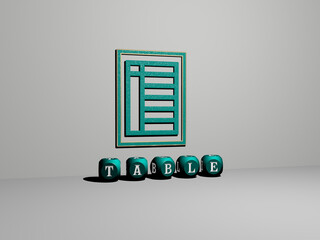 3D representation of TABLE with icon on the wall and text arranged by metallic cubic letters on a mirror floor for concept meaning and slideshow presentation for background and wooden