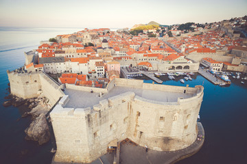 Aerial view down to the old town walls of Dubrovnik in the background. Travel and holidays in Croatia.Game of thrones filming location.