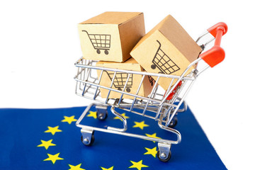 Box with shopping cart logo and Euro flag, Import Export Shopping online or eCommerce finance...