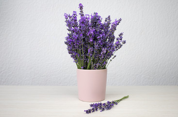 Romantic background. Fresh natural lavender in a pink cup against a white wall background. Side view, space for text.