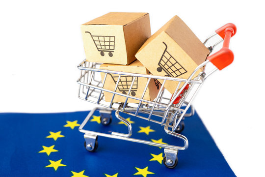 Box with shopping cart logo and Euro flag, Import Export Shopping online or eCommerce finance delivery service store product shipping, trade, supplier concept.