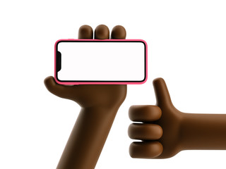Cartoon device Mockup. Cartoon black man hand holding phone on white background. 3d illustration.