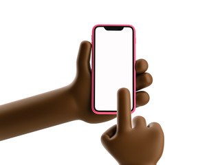 Cartoon device Mockup. Cartoon black man hand holding phone on white background. 3d illustration.