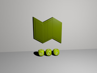 MAP 3D icon on the wall and text of cubic alphabets on the floor - 3D illustration for background and abstract