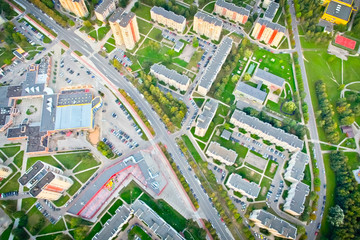 Traditional lithuanian block houses and neighborhood from aerial perspective in a city of Siauliai.