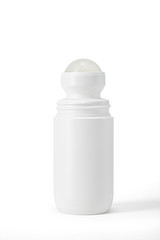 One opened white plastic roll on antiperspirant deodorant bottle. Without overcap. Frosted roller ball. Cosmetic packaging supplie, jar. Blank mock-up for product design and packaging, no label.  
