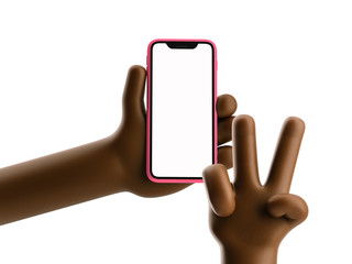 Cartoon device Mockup. Cartoon black man hand holding phone on white background. 3d illustration.