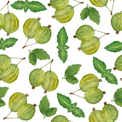 seamless watercolor hand drawn pattern with green yellow gooseberry berries and mint leaves. Organic intense bright vibrant colors healthy fresh tasty food vegan vegatarian vitamin on white isolated