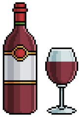 Pixel art wine bottle and glass. Alcoholic drink 8-bit game item on white background