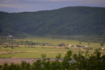 spring landscape with forest near the lake at sunset. cultivated fields