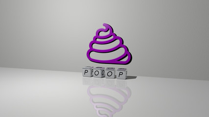 POOP text of cubic dice letters on the floor and 3D icon on the wall - 3D illustration for cartoon and shit