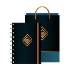 mockup notebook and bag paper black color, with golden sign, corporate identity vector illustration design