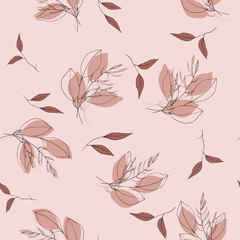 Retro wild seamless pink, coral floral pattern. Vintage background blooming realistic isolated red flower print. Hand drawn vector illustration. - 371468136