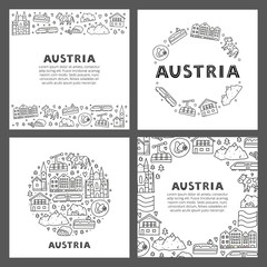 Set of cards with lettering and doodle outline Austria icons including Vienna Cathedral, train, chalet house, church, Alpine mountains, cow, flag, schnitzel, strudel, etc isolated on white background.