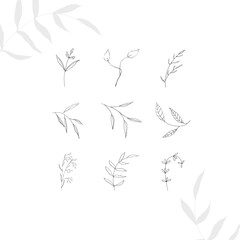 Boho logo. Tiny tattoo floral design set in doodle style isolated black contour hand drawign on white background. 