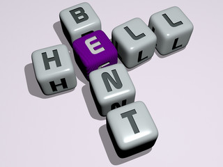 HELL BENT crossword by cubic dice letters - 3D illustration for background and fire
