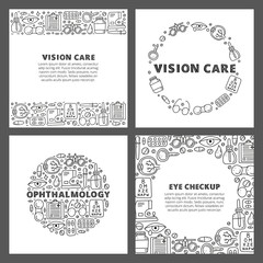 Set of cards with lettering and doodle outline ophthalmology icons including runny eye, pipette bottle, cornea, blank clipboard, lens case, glasses, autorefractometer, etc isolated on grey background.