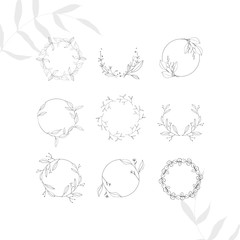 Tiny tattoo floral design set in doodle style isolated black contour hand drawing frame, wreath on white background. Botanical vector decoration print outline sketch illustration. Boho logo.