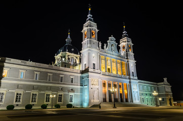 Night Madrid. Facade and bell towers of the Cathedral of the Almudena .Cathedral of Santa María la Real de la Almudena. Baroque Catholic cathedral known for its colorful chapels.