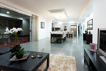 Trendy modern dining room and dinner table