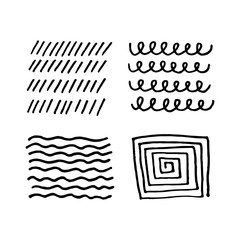 Set of scribble abstract doodle textures isolated on white background. Freehand inky stripes, waves, lines.