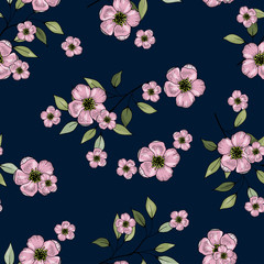 Rustic vintage green leaves and hand sketched pink daisies flowers seamless pattern on dark blue background. 