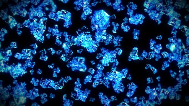 Flying many clean ice cubes on black background. Pieces of crushed ice, Natural water. 3D animation of crushed ice rotating. Loop animation.