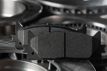 Close-up on friction pads and brake discs