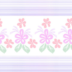 Vector seamless pattern in pastel colors, decorative flowers and watercolor horizontal lines on a white background, for design of fabric, wallpaper, paper, scarves, pareo.